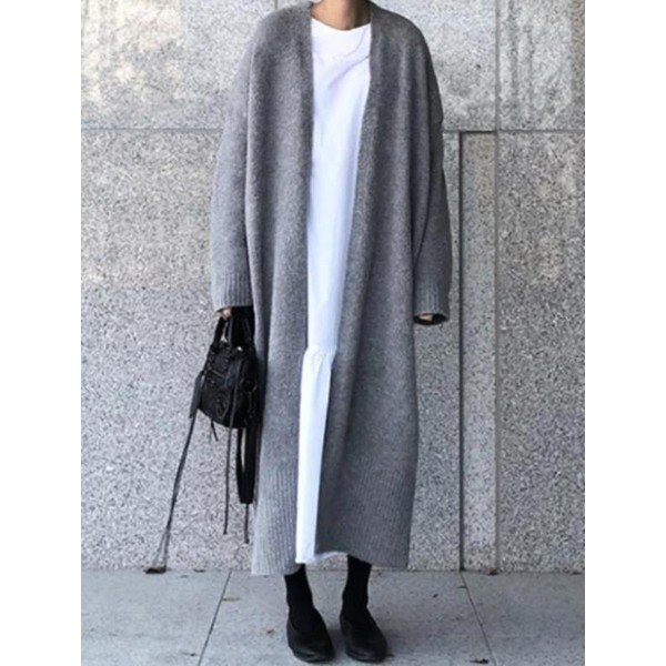 Grey Open Front Plain Cardigan