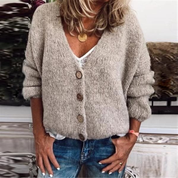 Classy Front Button Plain Long Sleeve Sweater