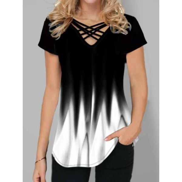 Strappy Caged Front V-Neck Ombre Shirt