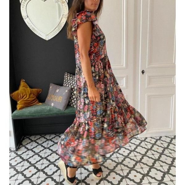 Romantic Floral Print Short Sleeve Midi Dress