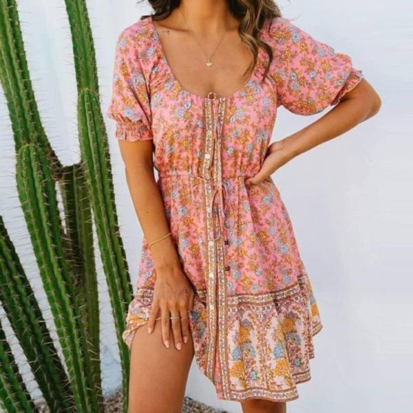 Youthful V-Neck Print Mini Dress