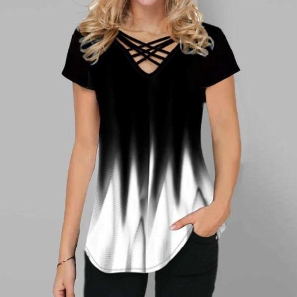 Strappy Caged Front V-Neck Ombre Shirt