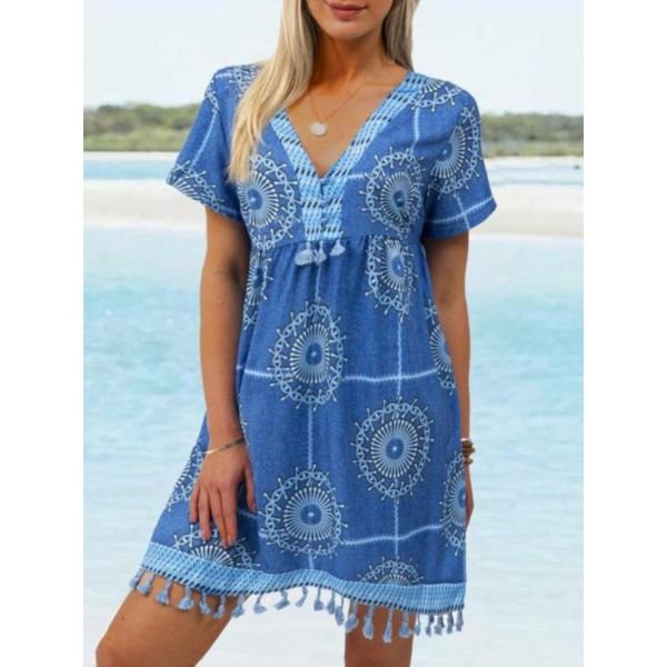 RPrint Blue Short Sleeve Mini Dress