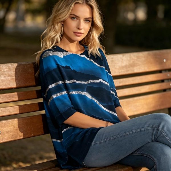 Attractive Print Round Neck Blue Top