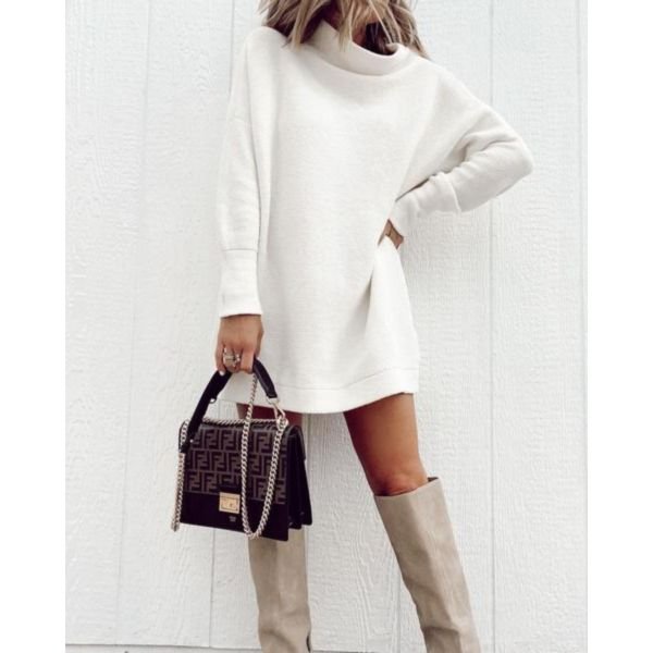 Simple Plain Mock Neck Mini Sweater Dress