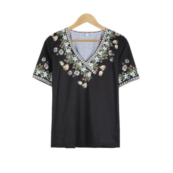 RPrint V-Neck Short Sleeve Black Top