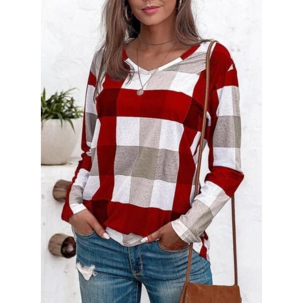 Checkered V-Neck Long-Sleeved Top