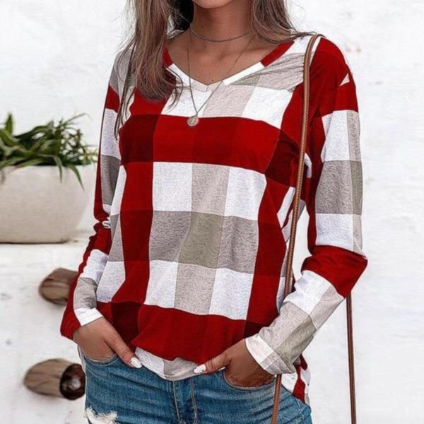 Checkered V-Neck Long-Sleeved Top