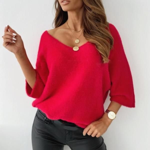 Bright V-Neck Plain Long Sleeve Sweater