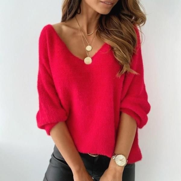 Bright V-Neck Plain Long Sleeve Sweater