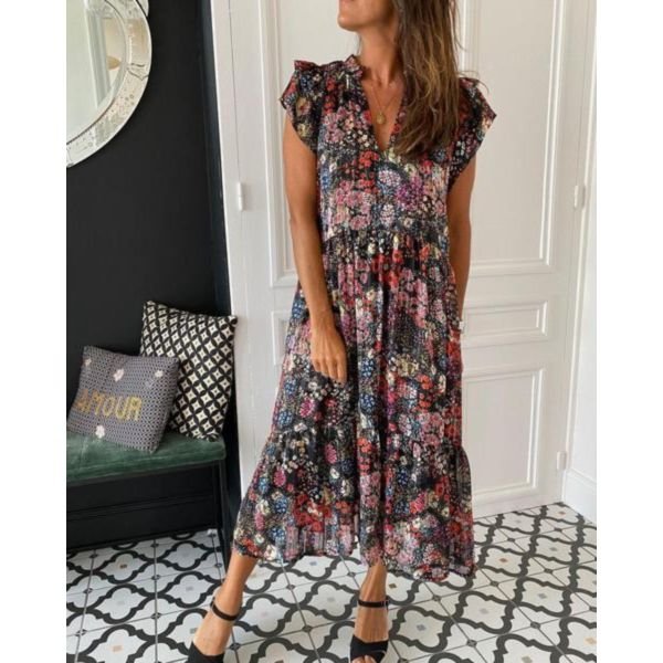 Romantic Floral Print Short Sleeve Midi Dress