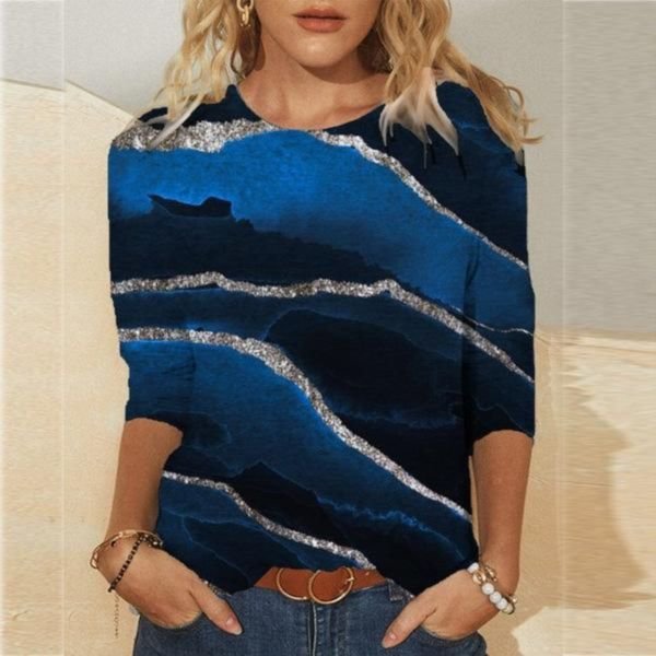 Attractive Print Round Neck Blue Top